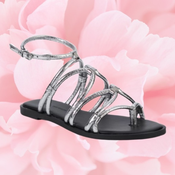 Rebecca Minkoff Silver Black-Sarle Strap Gladiator Flat Sandals-Size 7M - Picture 1 of 10